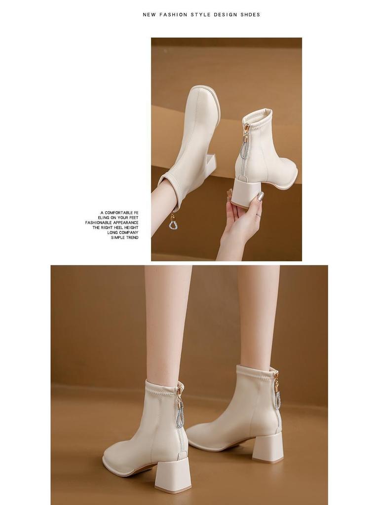 Women's Soft Leather Chunky Heel Square Toe Ankle Boots with Velvet, Autumn-Winter Versatile Slimming Style.