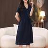 2025 Summer Mid-length V-neck Slimming Cotton Linen Dress for Middle-aged Women