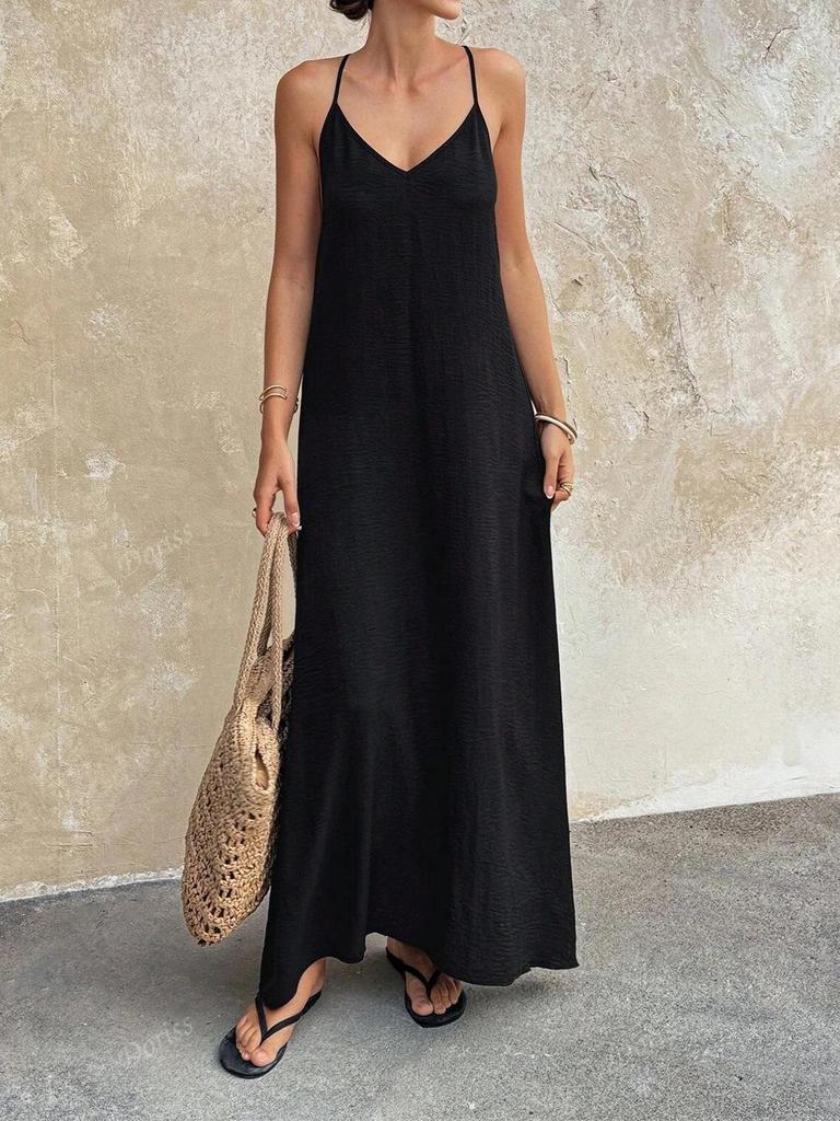 European & American Solid Color Sleeveless Beach Dress with Thin Straps