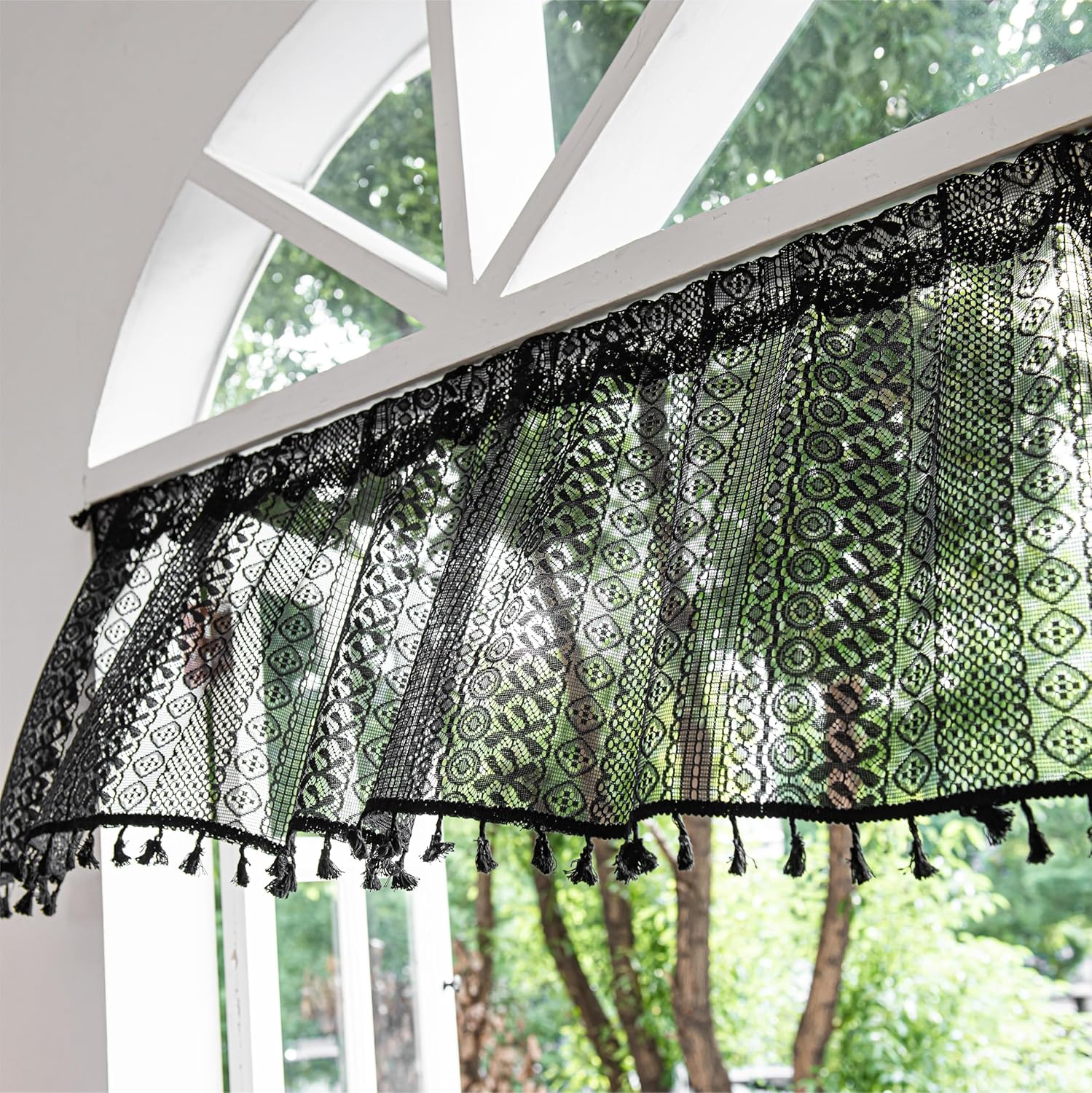 Boho Rond Patroon Hangende Kwast Korte Gordijn, Kant Korte Gordijn, Woonkamer, Slaapkamer, Keukenkast Deur Gordijn W70xH60cm&Rod pocket