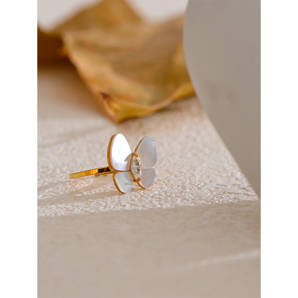 Eetit  316L Stainless Steel Zircon Natural Shell Butterfly Adjustable Ring High Quality Exquisite Popular Jewelry Gift PVD Plated