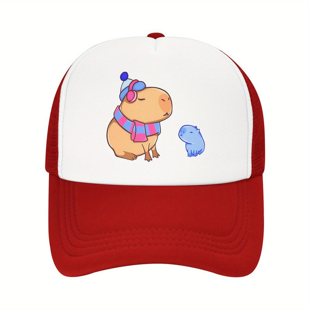 Capybara Family Print Trucker Hat Pink Mesh Breathable Adjustable Baseball Cap for Women Men