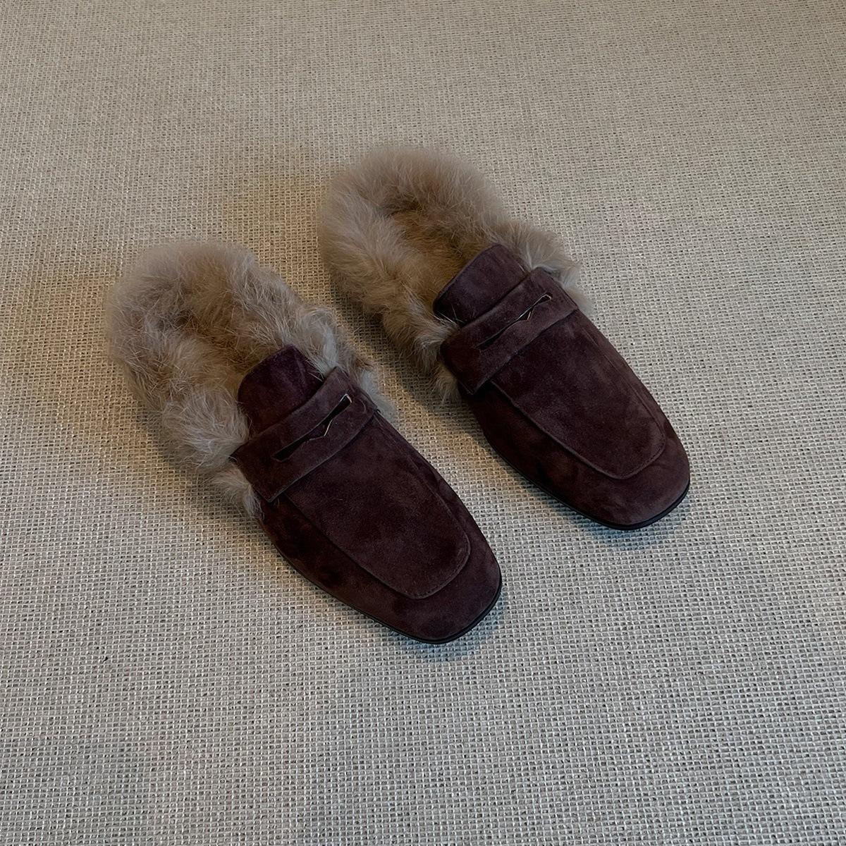 

Retro square head thick heel fluffy shoes new bag head half slippers 40 коричневий