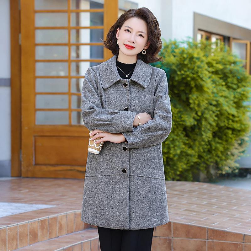 Spring Mid-Length Woolen Coat for Middle-Aged & Elderly Women - Casual Single-Breasted Cardigan with Small Lapel