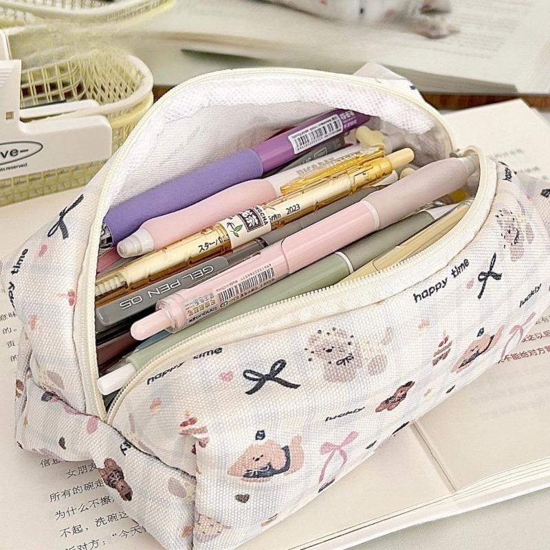 5Pcs Cloth Cartoon Animals Stationery Bag Pen Bag Desktop Storage Korean Style Pencil Case Capybara Dog Flower Print Large Capacity