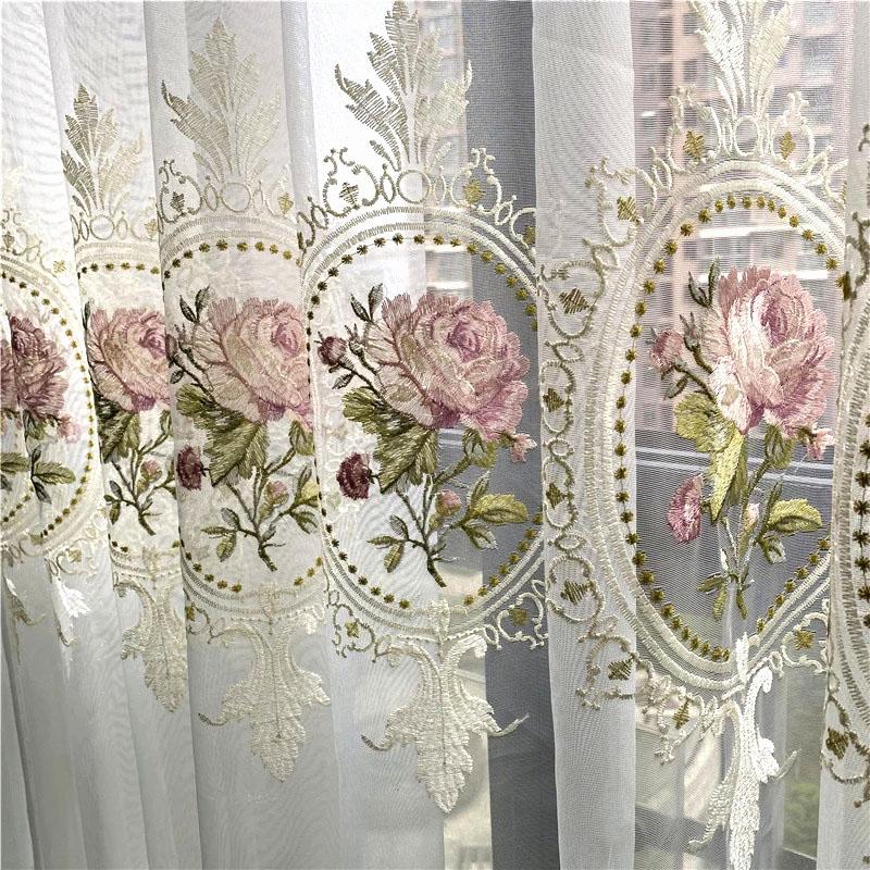 

American Luxury Peony Embroidery Tulle Curtain For Living Room European Elegant Flower Embroidery Sheer Voile Drapes For Bedroom W100cmXH210cm&Pull Pleated Tape