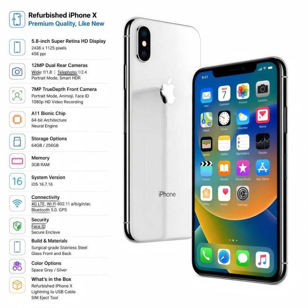 Refurbished Apple iPhone X 5.8'' 3GB RAM 256GB ROM All Colors 4G LTE Unlocked Smartphone With Single SIM