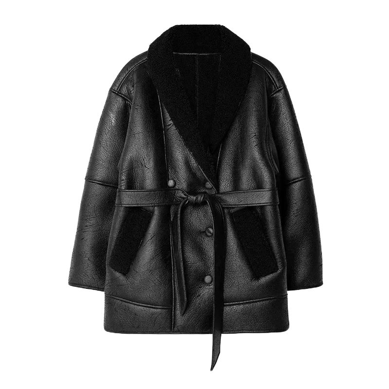 

Весна Новая Женская Одежда Инстайл Лацкан Длинные Рукава Свободная Куртка Миди из Искусственного Меха Black L