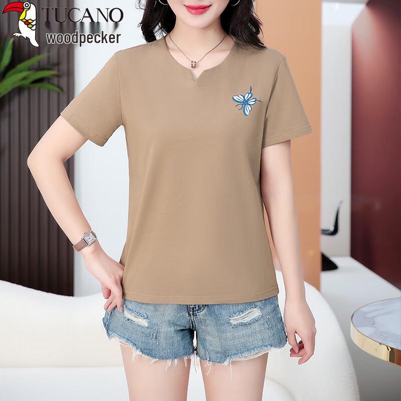 Woodpecker Women's Plus Size Embroidered V-Neck Cotton T-Shirt