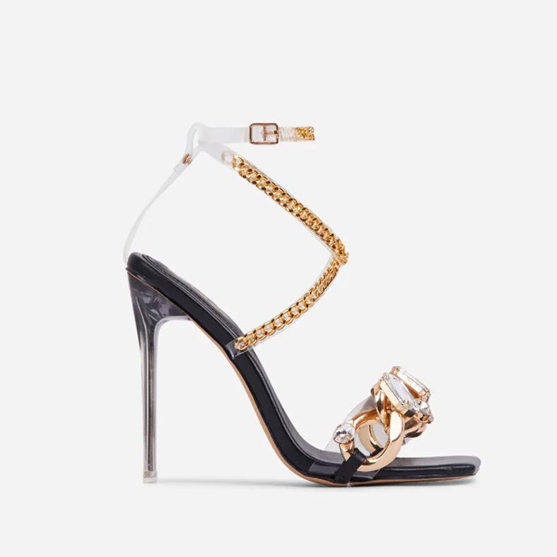 Gladiator Ladies Shoes Sandals Gold Chain Strappy Bright Diamond Pvc Thin Heels Summer Women Zapatos De Mujer Tacon Cross-Strap