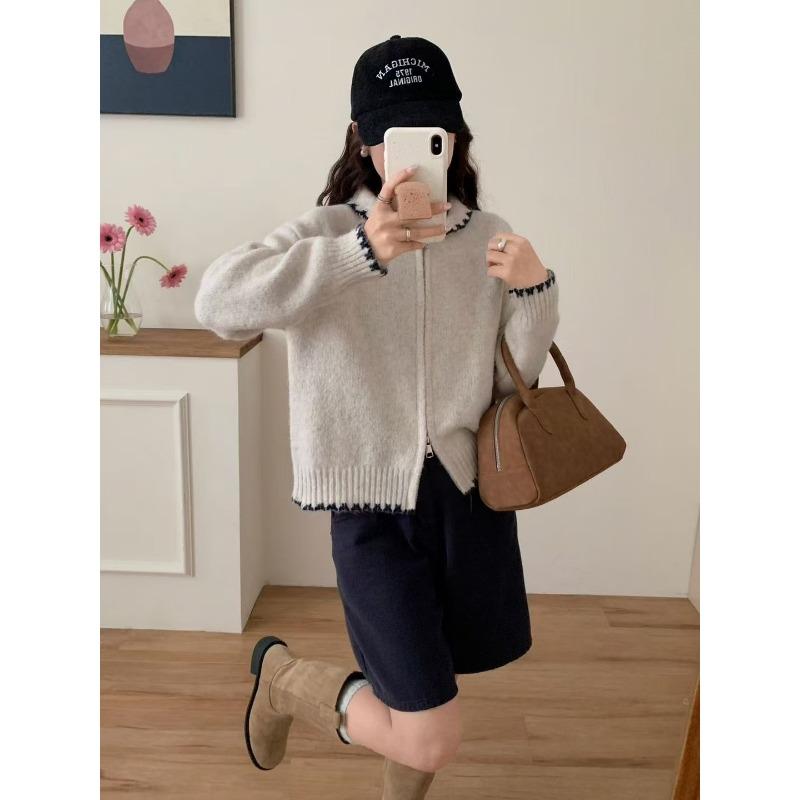 

Реальное фото кукольный воротник двойная молния свитер куртка женская осень и зима новая свободная верхняя одежда модный вязаный кардиган One Size