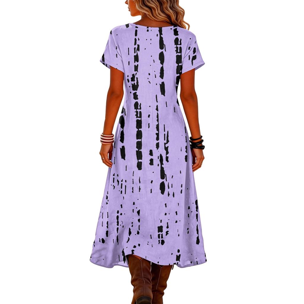 Fashionable Women's Summer V-neck Short Sleeved Retro Floral Print Beach Dress