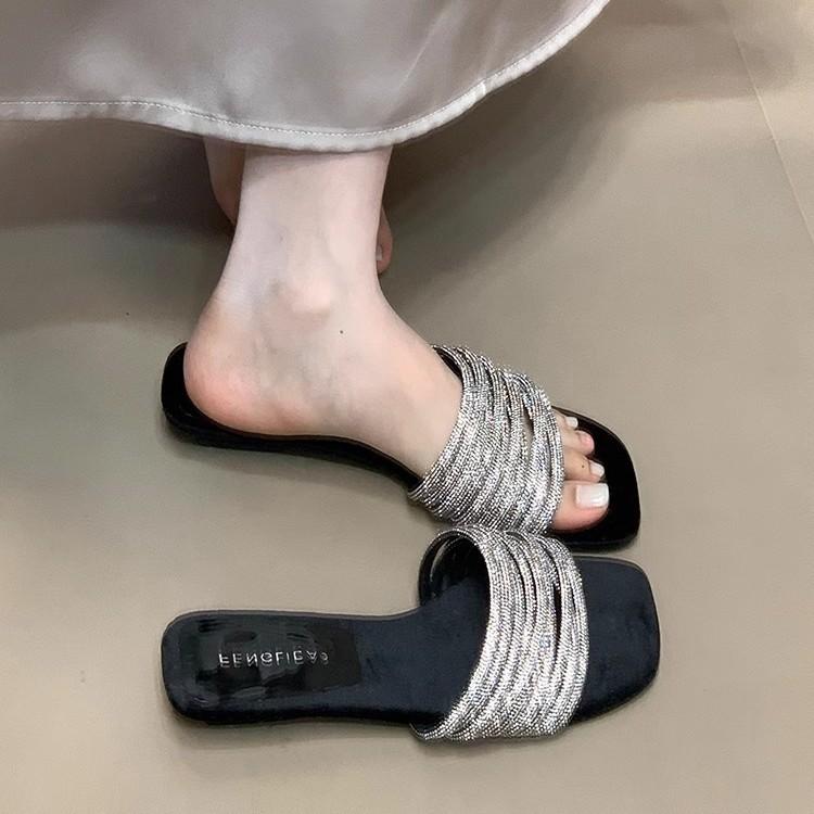 Gentle version~ Fashion one-word slippers women's summer wear lazy rhinestones sweet low-heeled open-toed sandals high-end sense