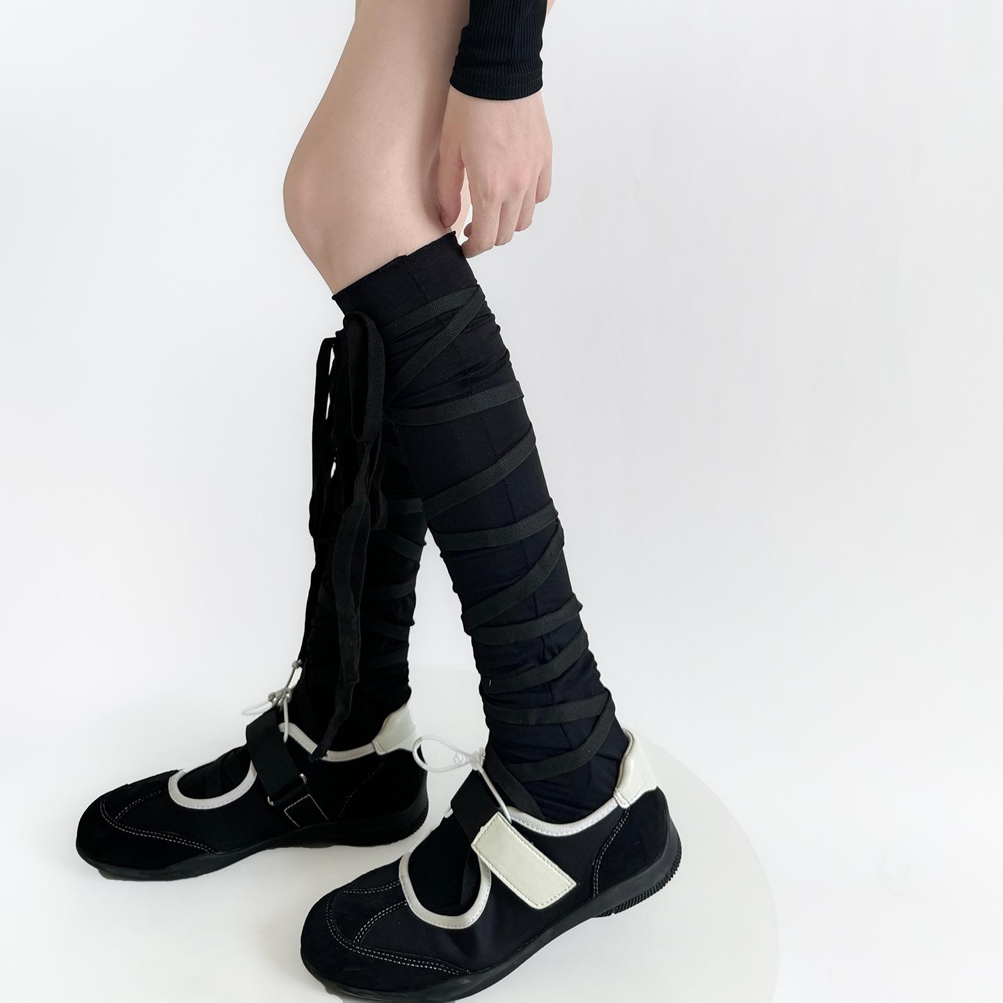 

2026 Women s Calf Tie Leg Cover Socks Ballet Strappy Socks Thin Stocking Ribbon Y2K Lolita Gothic Japanese JK Club Cosplay Socks One Size чорний
