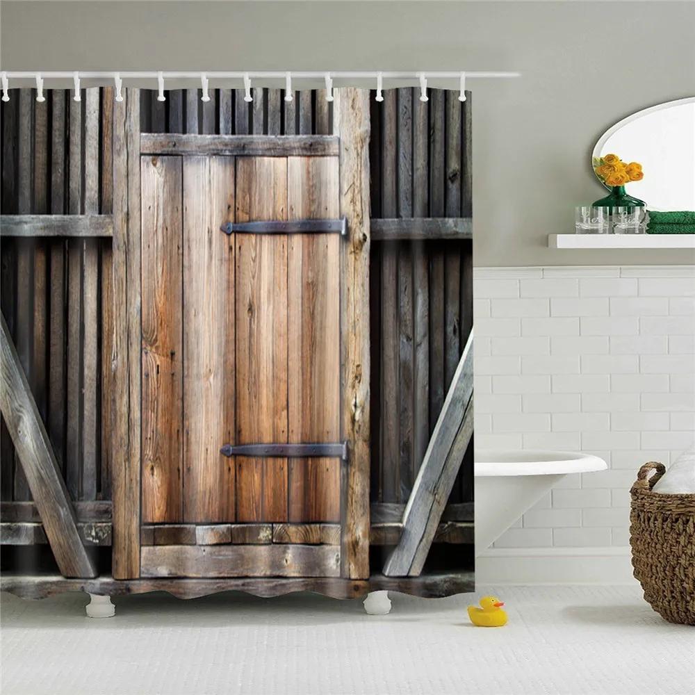 Wooden Door Shower Curtains Bathroom Curtain Stripes Letters Printed Waterproof Bath Screen Curtain for Home Decor with Hooks