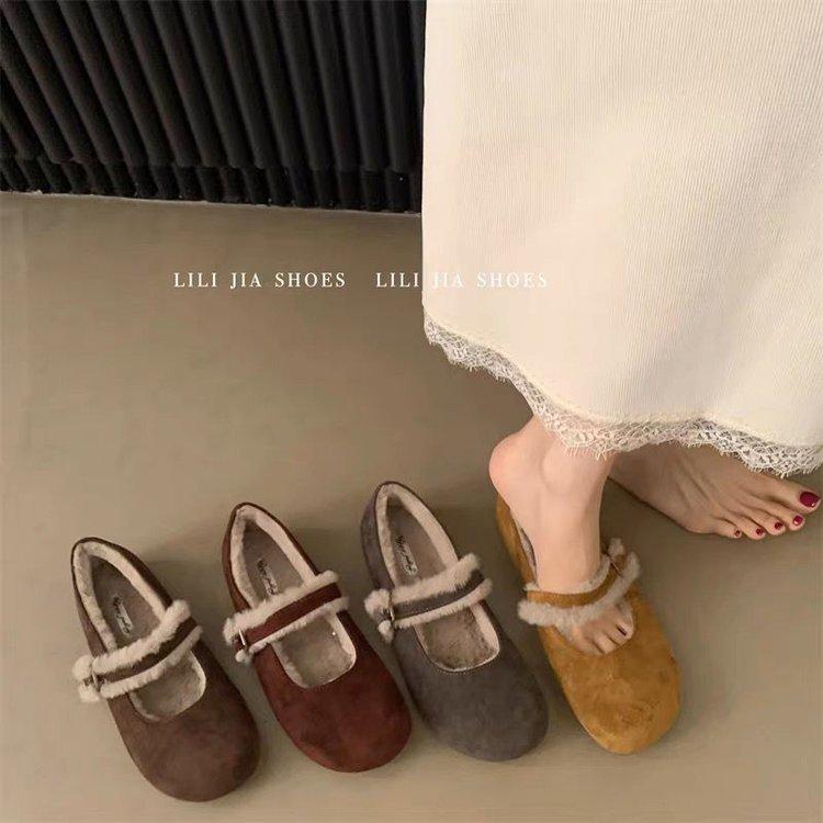 Japanese velvet Boken shoes women's 2025 autumn and winter new one-word belt Mary Jane Doudou single shoes flat-soled maternity cotton shoes