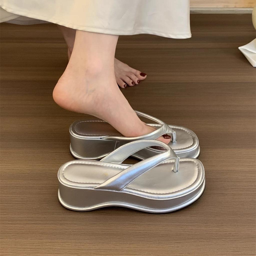 Wedge heel high heel silver pinch flip-flops women's shoes wear thick-soled heightening shoes sandals