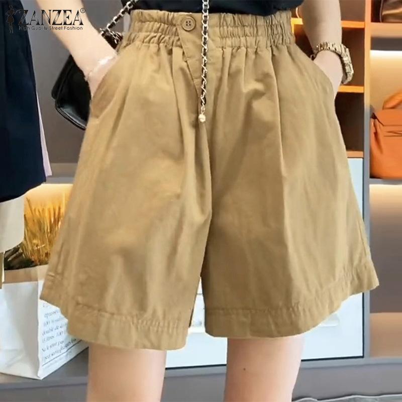 ZANZEA Pantaloncini Casual Estivi da Donna a Vita Elastica Monocolore