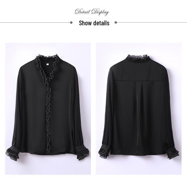 2025 Black Chiffon V-Neck Blouse: Women's Long Sleeve Loose Spring Shirt