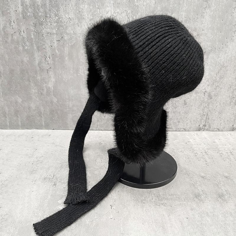 Snow Atmosphere Rabbit Plush Knitted Ear Hat Women Winter Riding Plush Windproof Cold Warm Wool Hat Women M（52-58cm）
