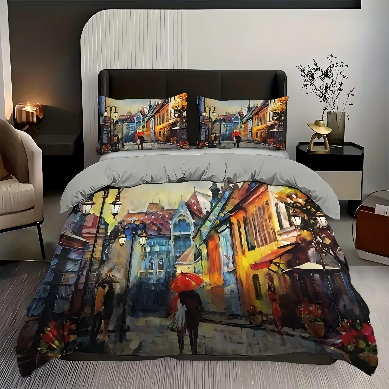 

Oil Painting Style Street 3D Digital Printed Duvet Cover Fashion Youthful Quilt Cover Set Polyester Soft Comfortable Bedding Set 135x200cm 2pcs