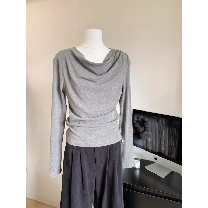 

Swinging collar one-word shoulder long-sleeved shirt women s top spring new slim-fit Spice Girl bottoming shirt XL сірий колір