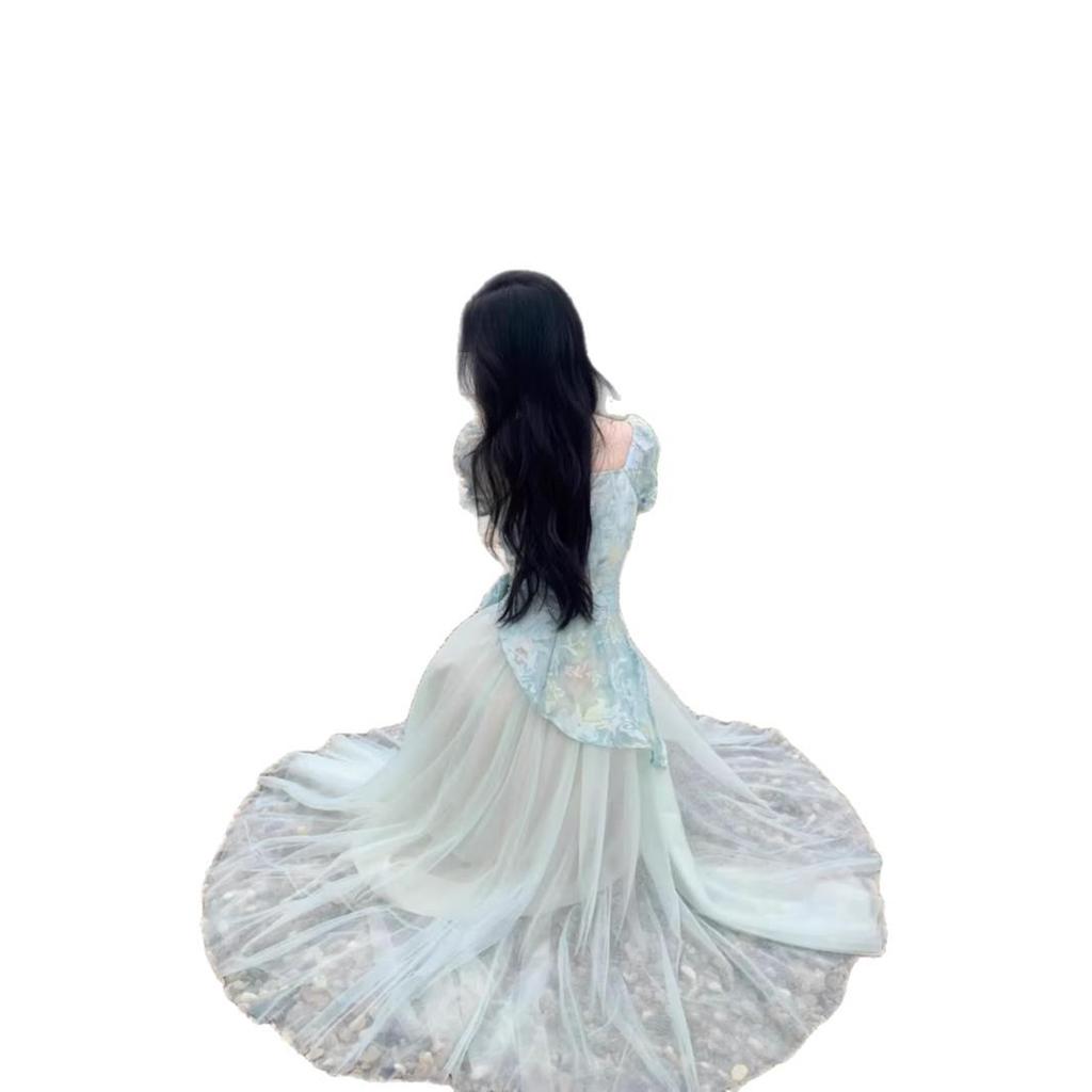 Tea Break French Sweet Marbled Patchwork Mesh Dress with Cinched Waist