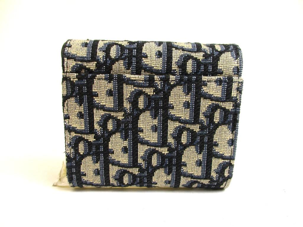 Authentic Christian Dior Navy Blue Canvas Leather Lady Dior Trifold Wallet #a977  Pre-owned