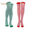1 Pair Striped Stockings Green White Contrast Color High Elasticity Anti-slip Over Knee Length Soft Breathable Holiday Christmas Stage Performance