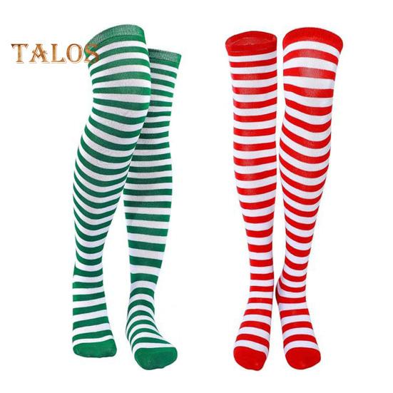 1 Pair Striped Stockings Green White Contrast Color High Elasticity Anti-slip Over Knee Length Soft Breathable Holiday Christmas Stage Performance