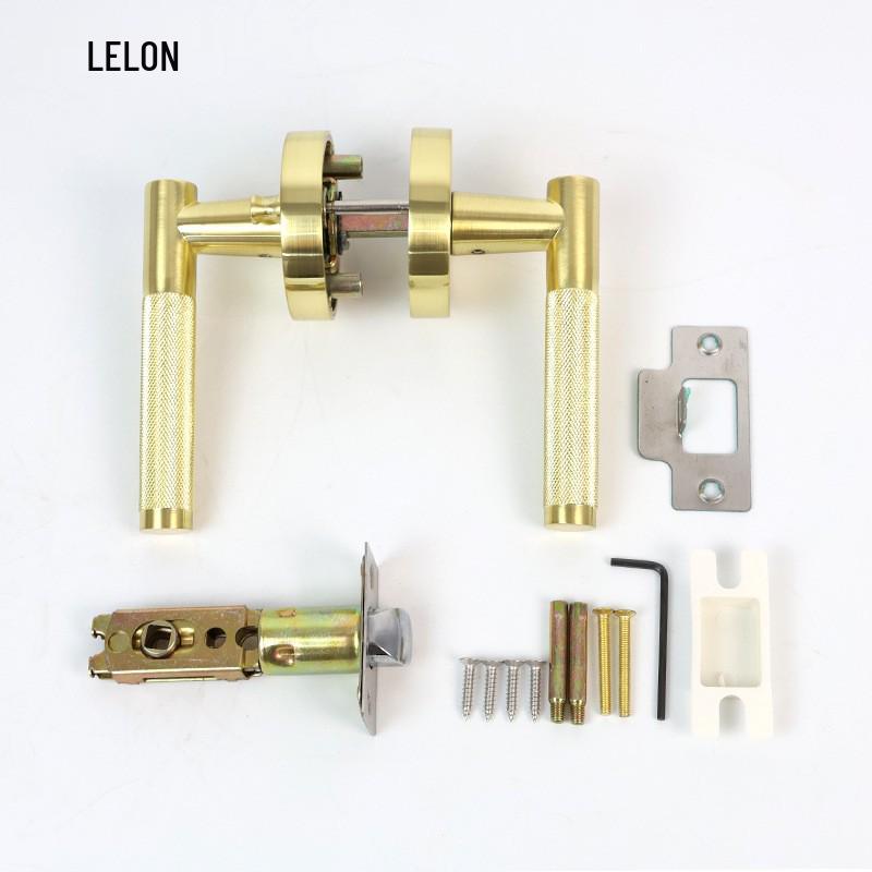 

Cross American Brushed Gold Knurled Privacy Door Handle Lock: Keyless Single Bolt Bathroom Lock with Three-Rod Design.