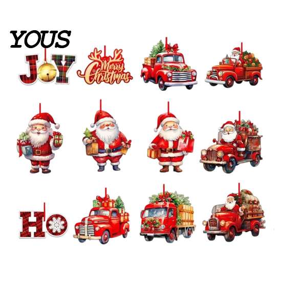 Christmas Wall Hanging Decor 12/24/36Pcs Wooden Ornaments, Santa Claus Red Truck Decorations with Rope, Festive Home Accents Xmas Tree Pendant,