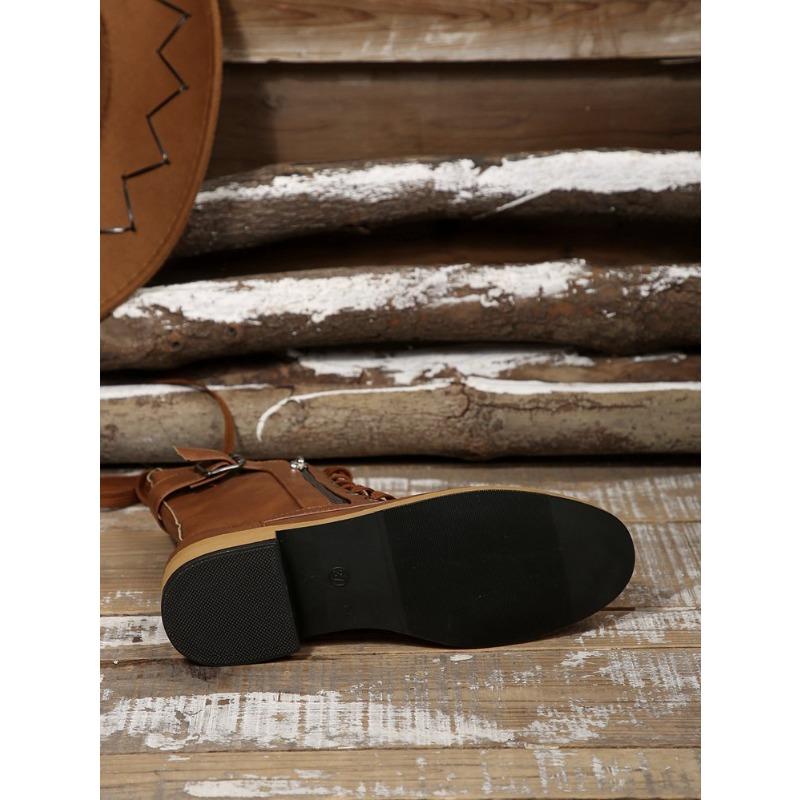 Women's Plus Size Mid-Calf Martin Boots New Autumn Winter Block Heel Lace Up Leather Ankle Boots with Side Zip