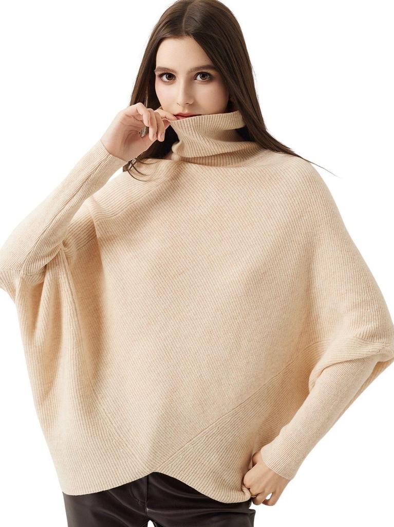 Yuanbao Batwing Sleeve Wool Sweater - High Neck, Solid Color, Irregular Design, Lazy Style Knitwear for Women
