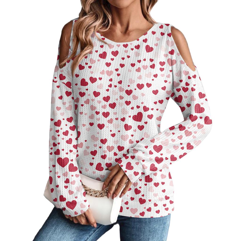 Women's Winter Oversized T-Shirt Fashionable Off-the-Shoulder Round Neck Vintage Floral Print Pullover Long-Sleeved Top