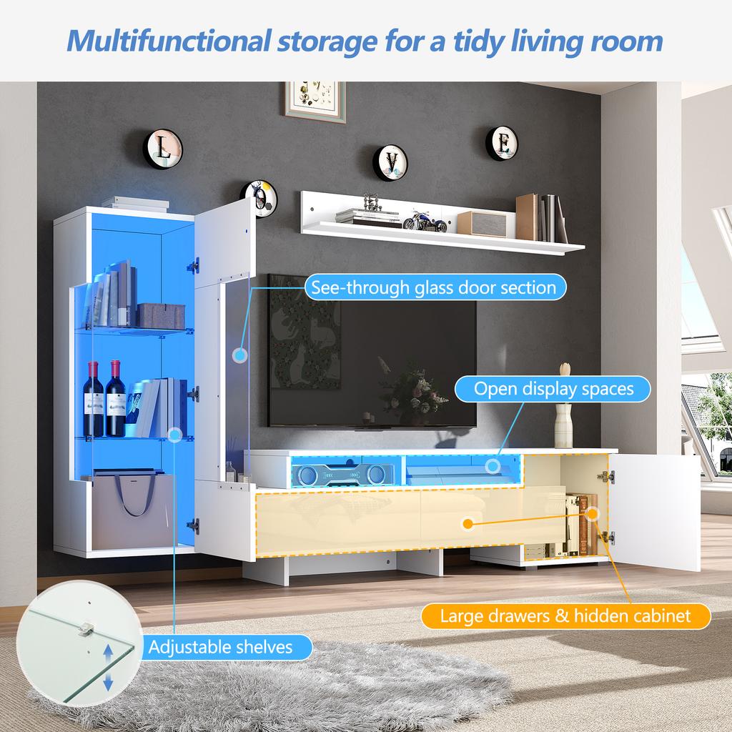 TV-Wandmöbel Set 3-teilig, Hochglanz, Moderner Schrank mit LED, Freistehend und Wandmontage, Acryltüren, Glasabtrennung, Weiß, TV bis 70'