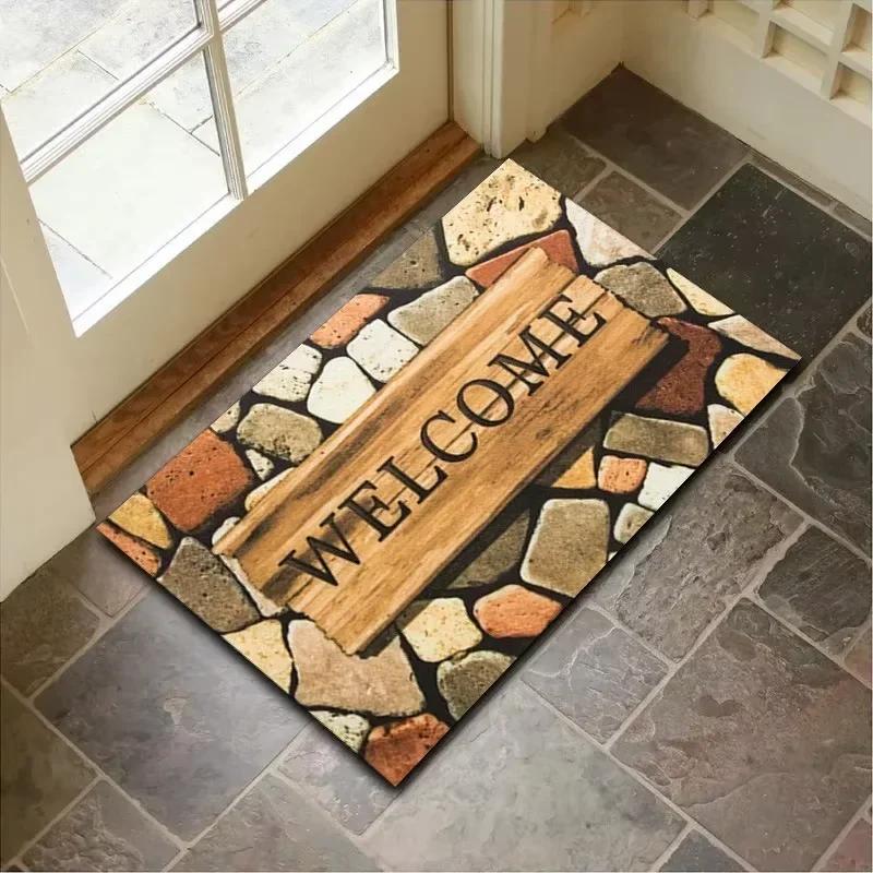 Stone Pattern Door Mat with Welcome Home Design, Durable Non Slip Rug, Decorative Floor Protector for Front Entrance and Porch