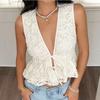 Women's Tank Tops Summer 3D Flower V-neck Sleeveless Lace Up Ruffled Women's Camis Tops Fashion Solid Color Slim Fit Vacation Y2k Sexy Hot Girls Tanks