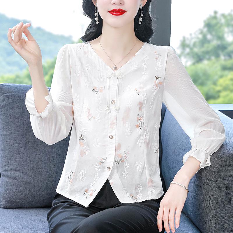 

Women s Floral Chiffon V-Neck Blouse - Summer 2024 Fashion L червоний/помаранчевий