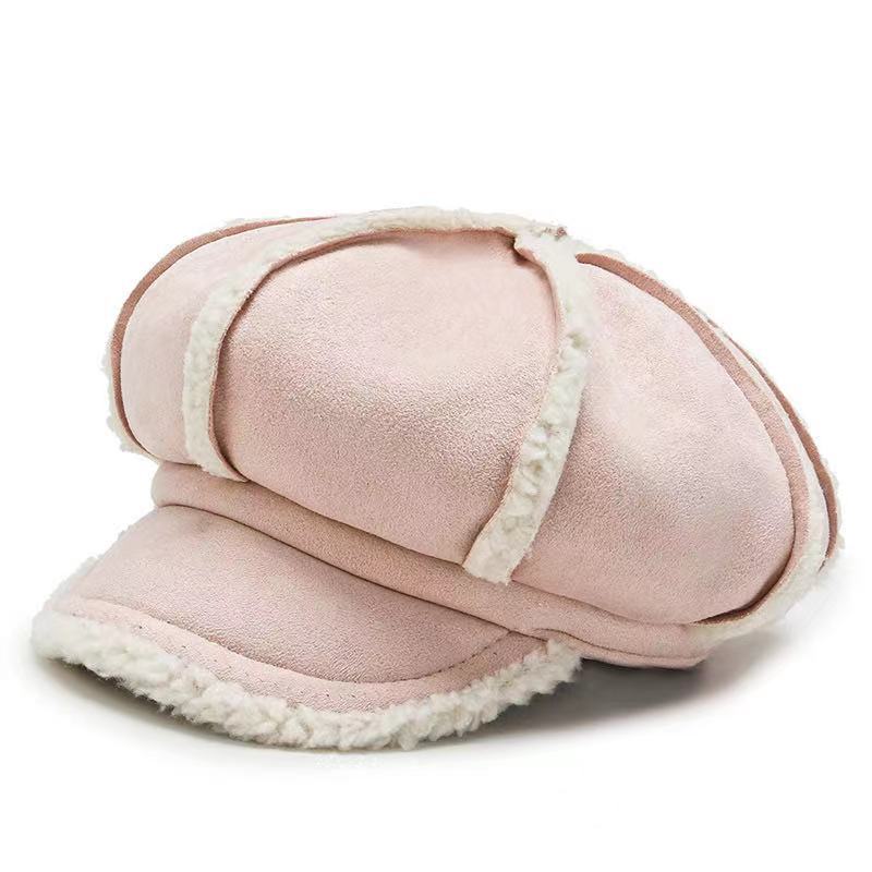 New Winter Deer Skin Velvet Lamb Wool Curved Brim Octagonal Duckbill Cap Warm Autumn Winter Hat розовый