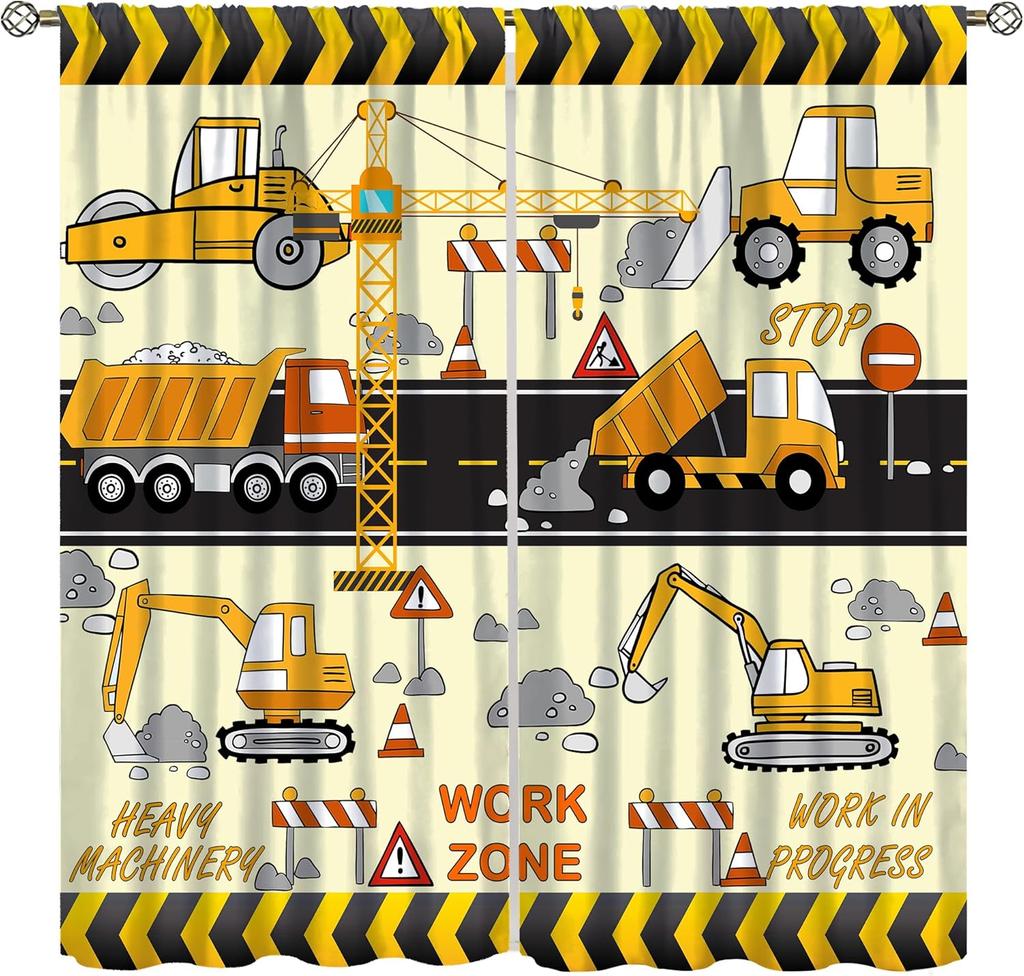 Dinosaur Construction Curtains For Boys,Cartoon Forest Architectural Site Dinosaur Excavator Tractor Truck Window Drapes Print