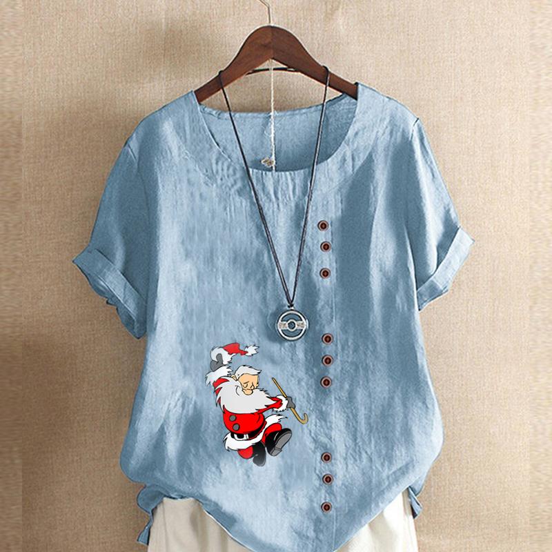 Women's Fashion Santa Claus Prined Round Neck Short Sleeve T-shirt Casual Cotton Linen Graphic Shirt Leisure Loose Summer Blouse Tops