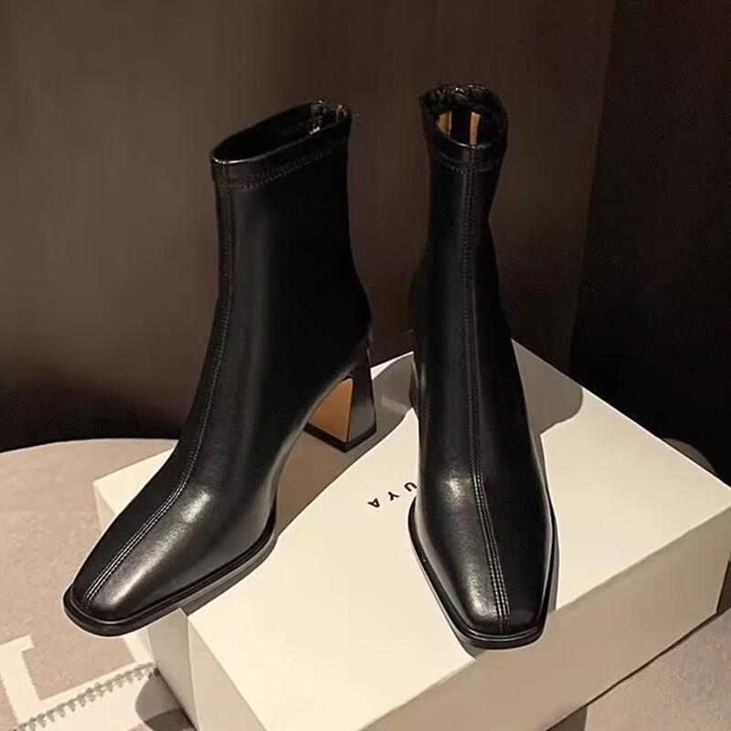 Botines Invierno Zapatos Mujer Cuero Puntera Cuadrada Tacones Altos Zapatos Sexy Tendencia 2025 Moda Zapatos Gruesos Góticos Chelea Botas Mujer