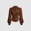 Women's Turn Down Collar Long Sleeve Blouse Slim Fit Elegant Solid Color Wrap Twist Crop Shirt