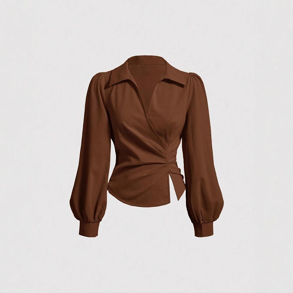 Women's Turn Down Collar Long Sleeve Blouse Slim Fit Elegant Solid Color Wrap Twist Crop Shirt