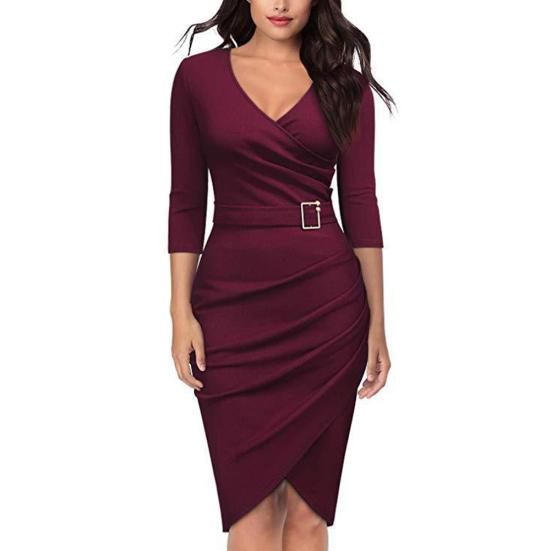 Solid Color Women V Neck 3/4 Sleeve High Waist Belted Irregular Pencil Dress