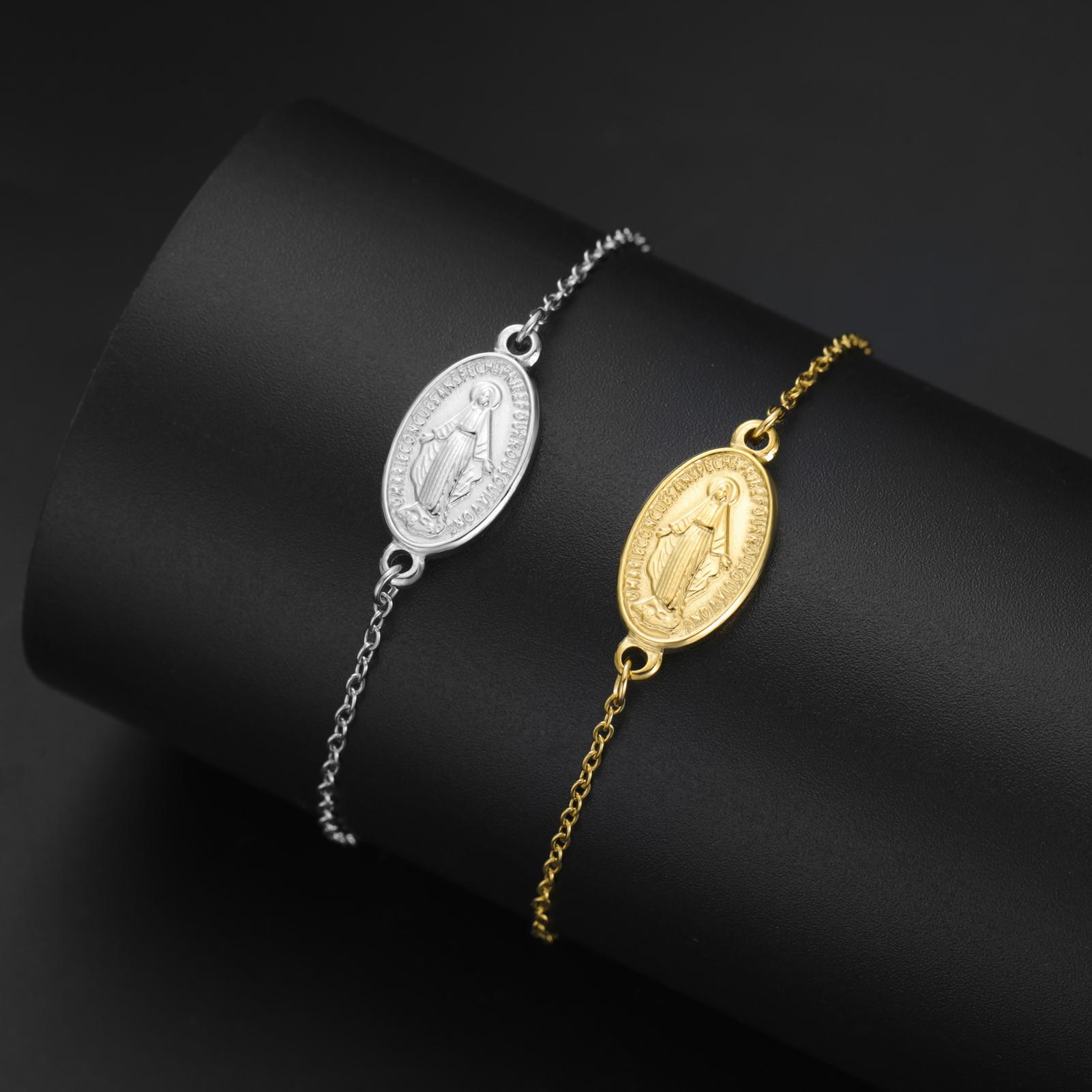 

LIKGREAT Christian Virgin Mary Bracelet for Women Men Religious Cross Bracelets Stainless Steel Unisex Jewelry Protection Gift Silver