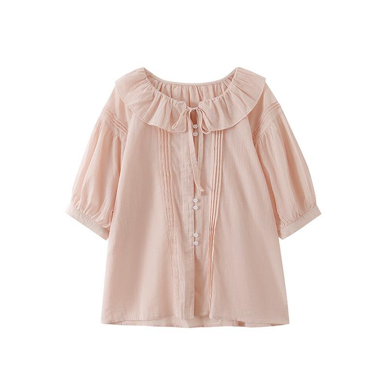 

Летняя литература и искусство Сяоцин простой темперамент однотонная рубашка с воротником-куклой универсальная с коротким рукавом кружевная рубашка маленькая рубашка тренд Average size