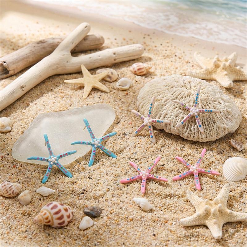 Oversized Pink Starfish Stud Earrings For Women Colorful Rhinestone Pearl Sea Star Exaggerated Earring Summer Beach Jewelry