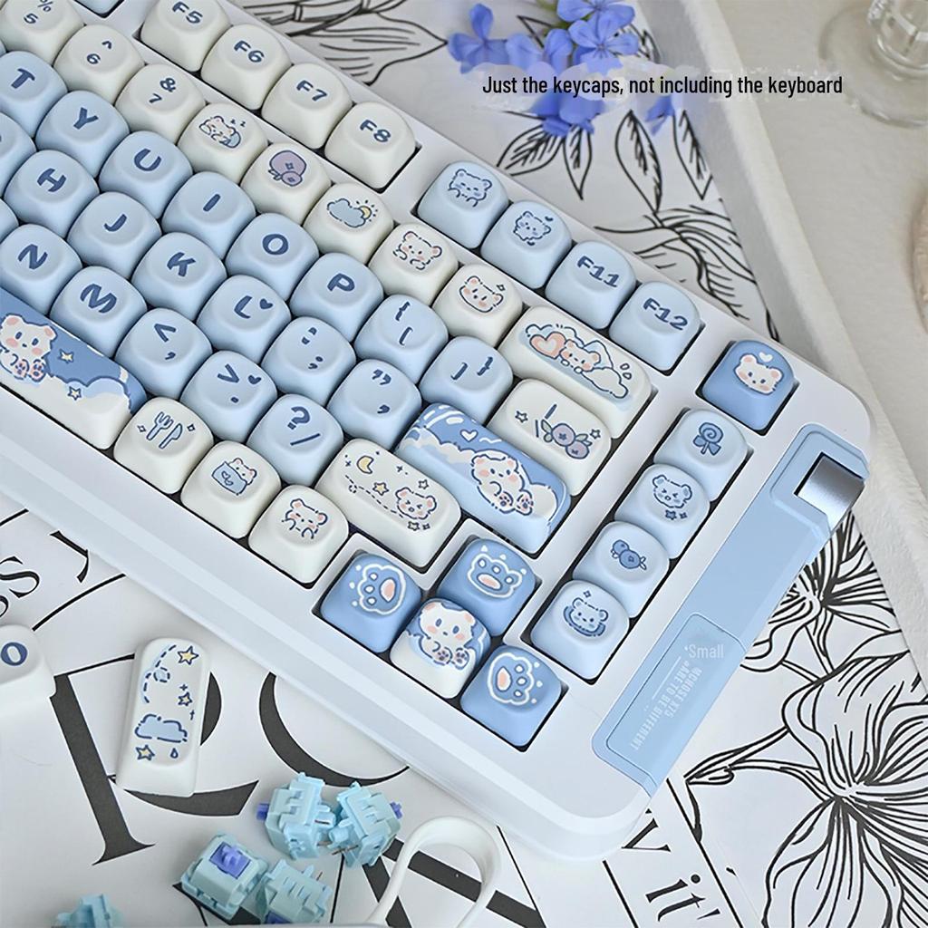 Blue Cute Cartoon Bear Keycap Set - Ice Cream Theme, 75-98 Keys, Highly Sublimated for Mechanical Keyboards